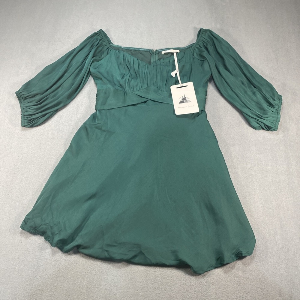 Here Comes The Sun Emerald Green Satin Cocktail Mini Dress L Fairy Peasant NWT